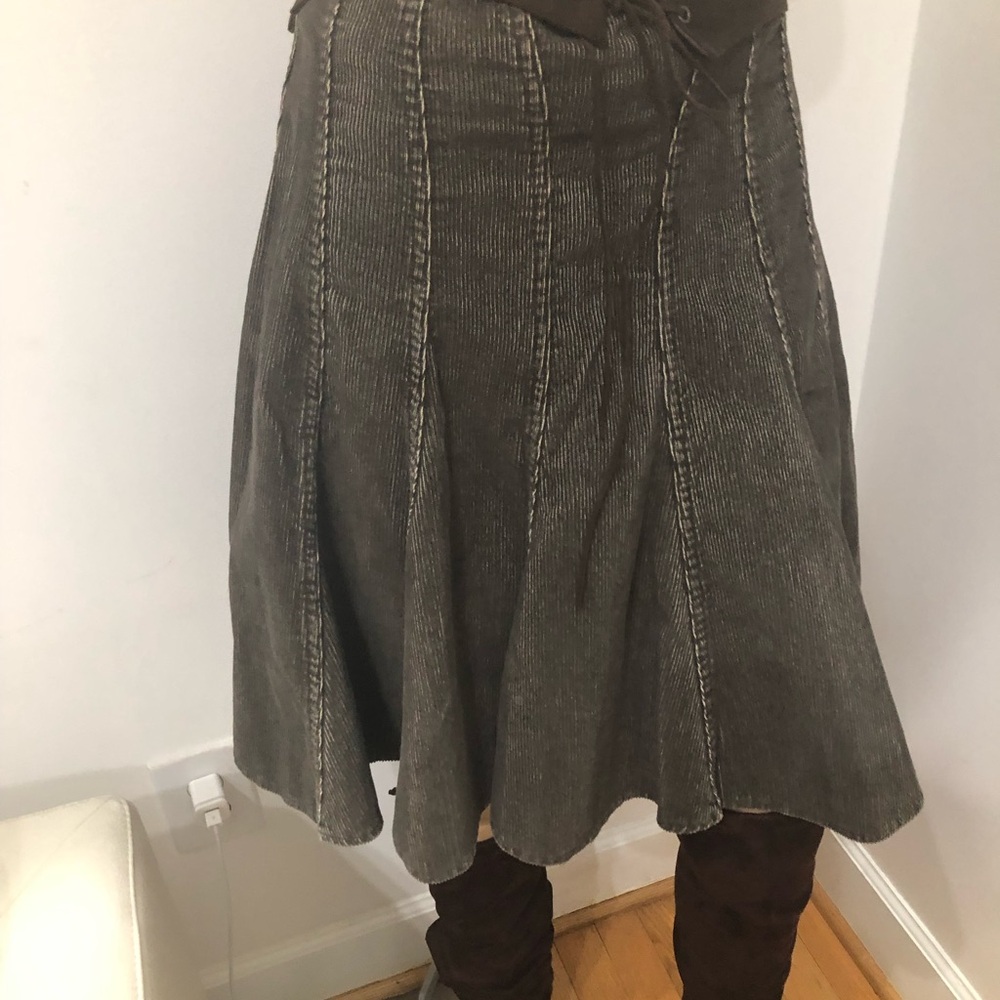 Brown Fit and Flare Pleated Corduroy Skirt